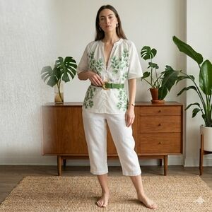 MISSLOOK White Button-Down Blouse with Green Fern Leaf Print - Size XL